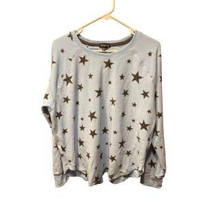 Insomniax Light Blue Waffle Knit Star Print Pullover Top Long Sleeve Polyester